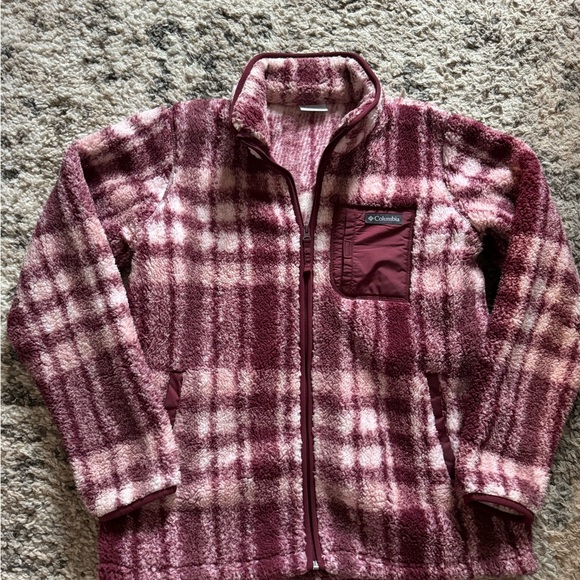 Columbia Jackets & Blazers - Columbia  Burgundy and Light Pink Plaid Fleece Puffer Jacket